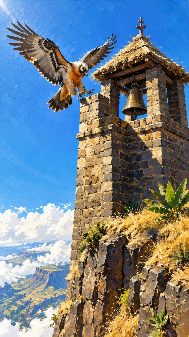 Gebre mendarat di tembok menara lonceng biara Hawi, sayapnya terbuka lebar.