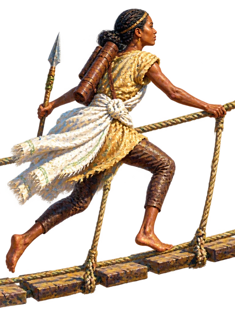 Selam Ayele berlari di atas jembatan tali dengan tombak di tangan.